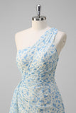 White Blue Flower Ruffled One Shoulder Long Prom Dress with Slit