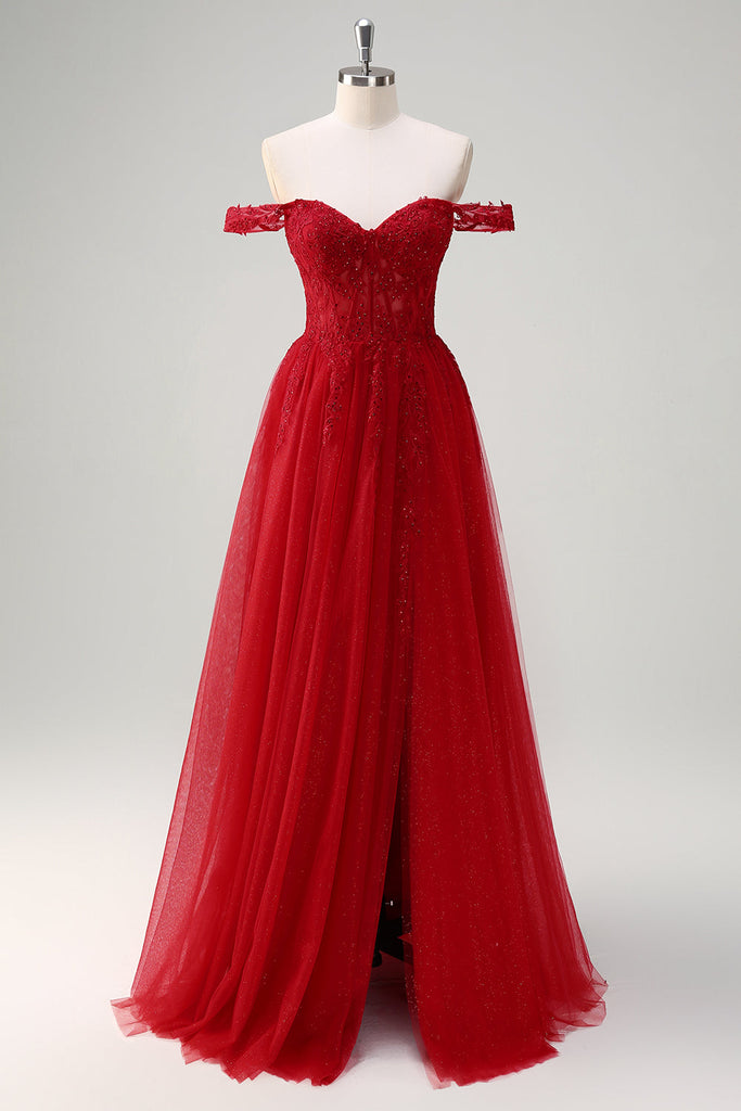 Sexy Red Tulle Cold Shoulder Sleeveless Criss Cross Side Slit A-Line Long Prom Dresses,SFPD0681