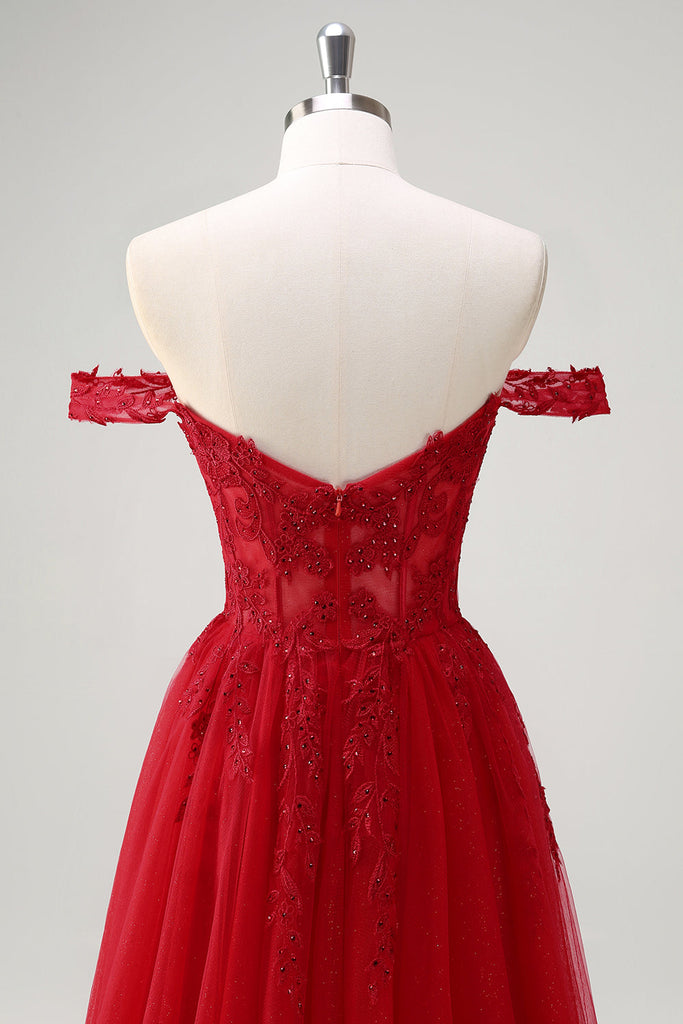 Cute A Line Off the Shoulder Red Tiered Tulle Prom Dress with Slit VK25012008