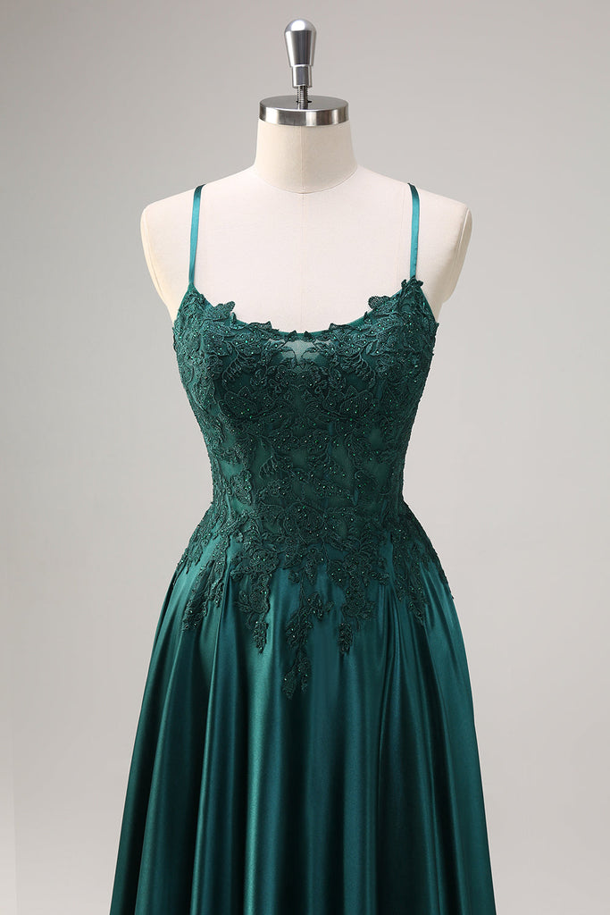 Dark Green A-Line Lace Appliques Chiffon Long Prom Dress Formal Party Dress,DP1348 main image 1