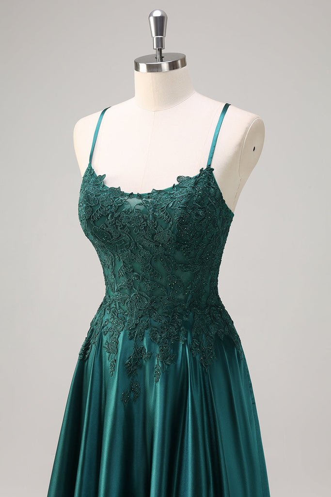 Spaghetti Straps A-Line Green Long Satin Dress Evening Gown, DP3512