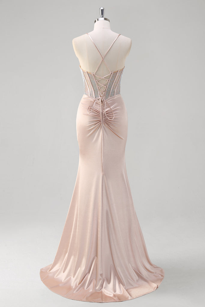 Glitter Blush Mermaid Spaghetti Straps Long Ball Dress with Beading