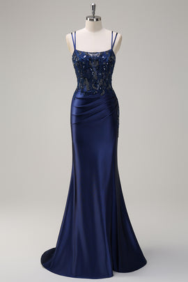 Zapakasa Women Navy Mermaid Appliques Prom Dress Spaghetti Strap Satin Evening Dress with Slit, Navy / Custom Zapakasa Women Navy Mermaid Appliques Prom Dress Spaghetti Strap Satin Evening Dress with Slit, Navy / Custom