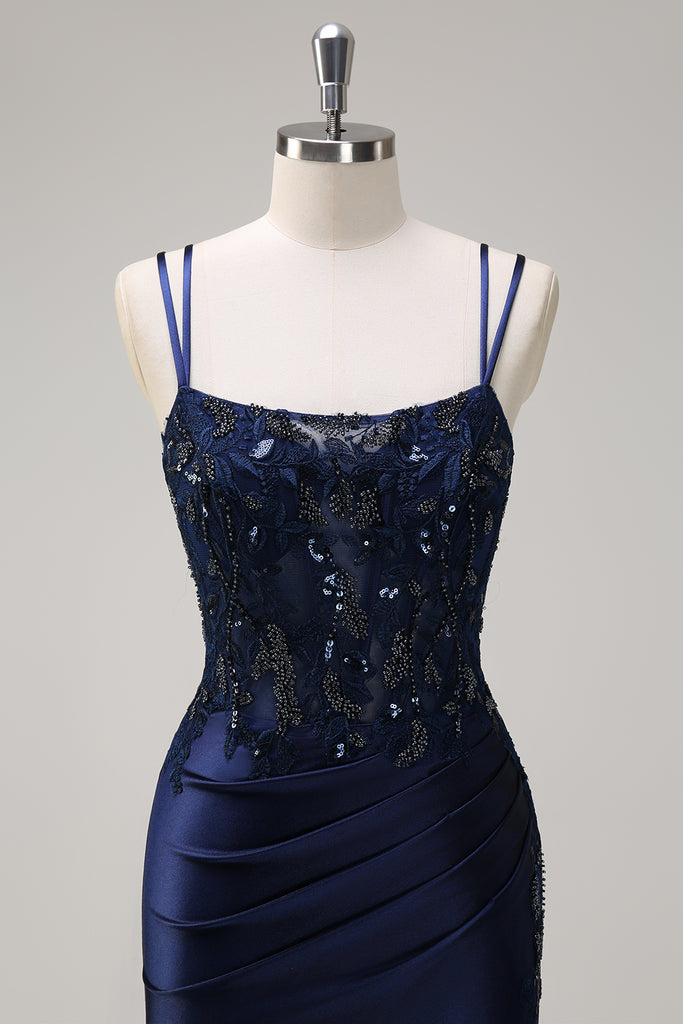 Dark Navy Mermaid/ Trumpet Spaghetti straps Lace Applique Beading Long Prom Dresses