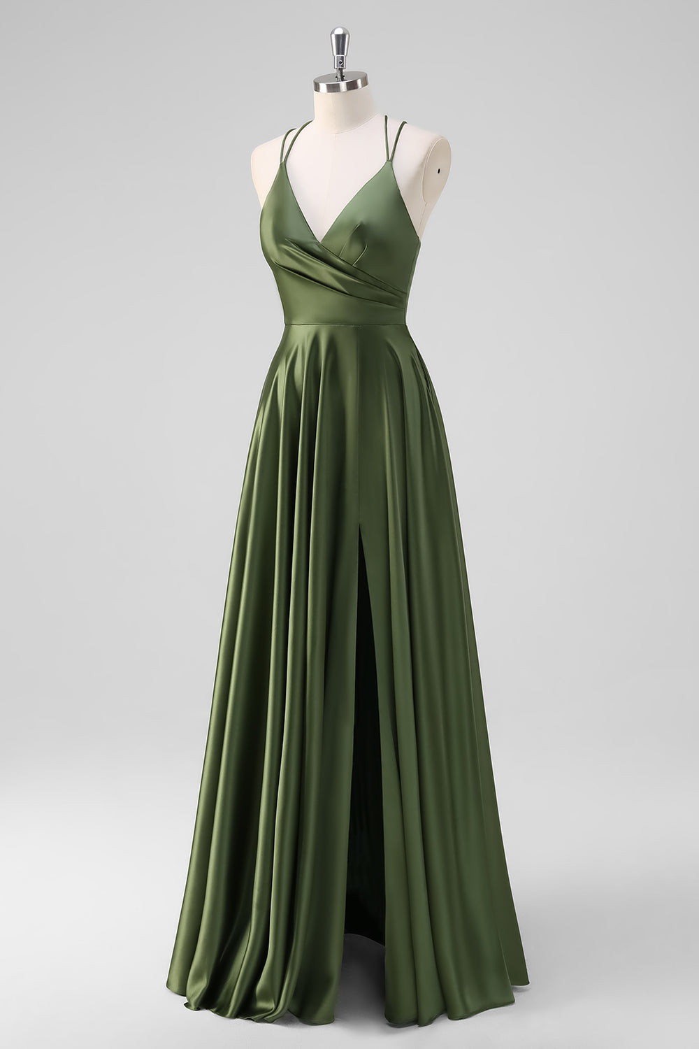 Olive A-Line Spaghetti Straps Long Bridesmaid Dress with Slit