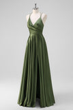 Olive A-Line Spaghetti Straps Long Bridesmaid Dress with Slit