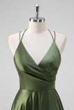 Olive A-Line Spaghetti Straps Long Bridesmaid Dress with Slit