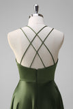 Olive A-Line Spaghetti Straps Long Bridesmaid Dress with Slit