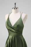 Olive A-Line Spaghetti Straps Long Bridesmaid Dress with Slit