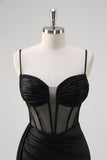 Black Mermaid Spaghetti Straps Corset Long Prom Dress with Slit