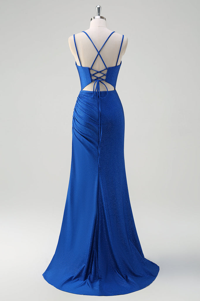 Royal Blue Mermaid Spaghetti Straps Long Ball Dress With Slit