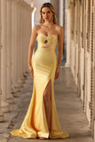 Sparkly Yellow Satin Mermaid Keyhole Long Prom Dress with Slit