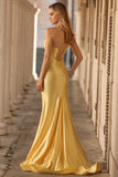 Sparkly Yellow Satin Mermaid Keyhole Long Prom Dress with Slit