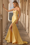 Sparkly Yellow Satin Mermaid Keyhole Long Prom Dress with Slit