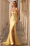 Sparkly Yellow Satin Mermaid Keyhole Long Prom Dress with Slit