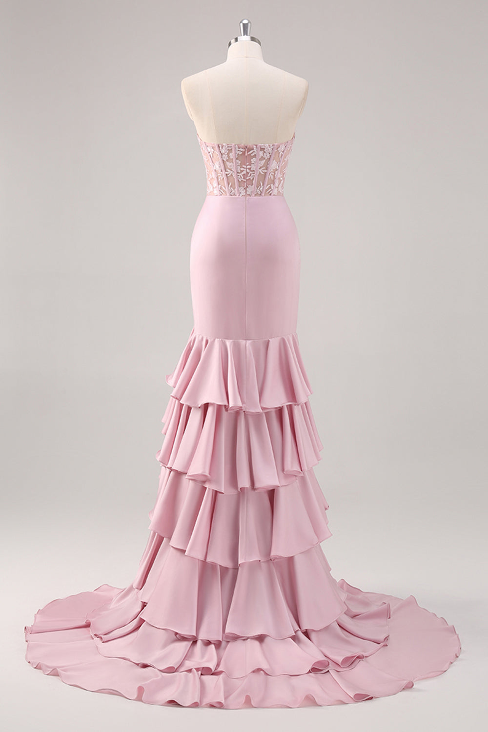 Zapakasa Women Blush Mermaid Ruffled Prom Dress with Lace Sweetheart