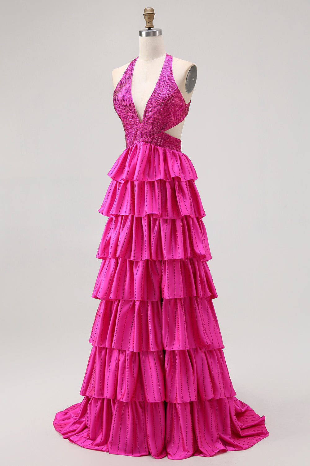 Sparkly Fuchsia Halter A-Line Ruffled Long Prom Dress with Beading