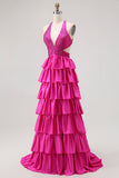 Sparkly Fuchsia Halter A-Line Ruffled Long Prom Dress with Beading