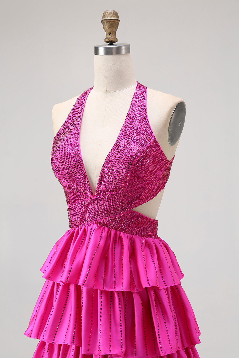 Sparkly Fuchsia Halter A-Line Ruffled Long Prom Dress with Beading