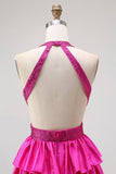 Sparkly Fuchsia Halter A-Line Ruffled Long Prom Dress with Beading