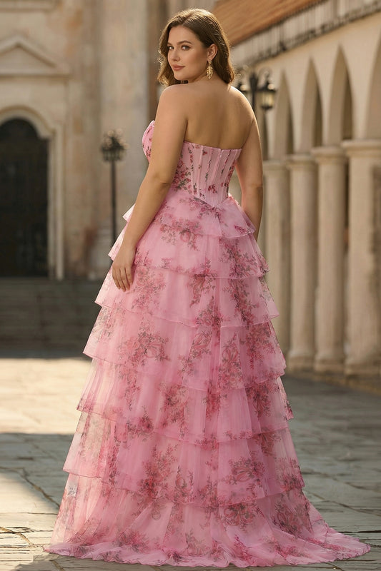 Floral Blush Plus Size A Line Sweetheart Tiered Long Corset Prom Dress with Slit