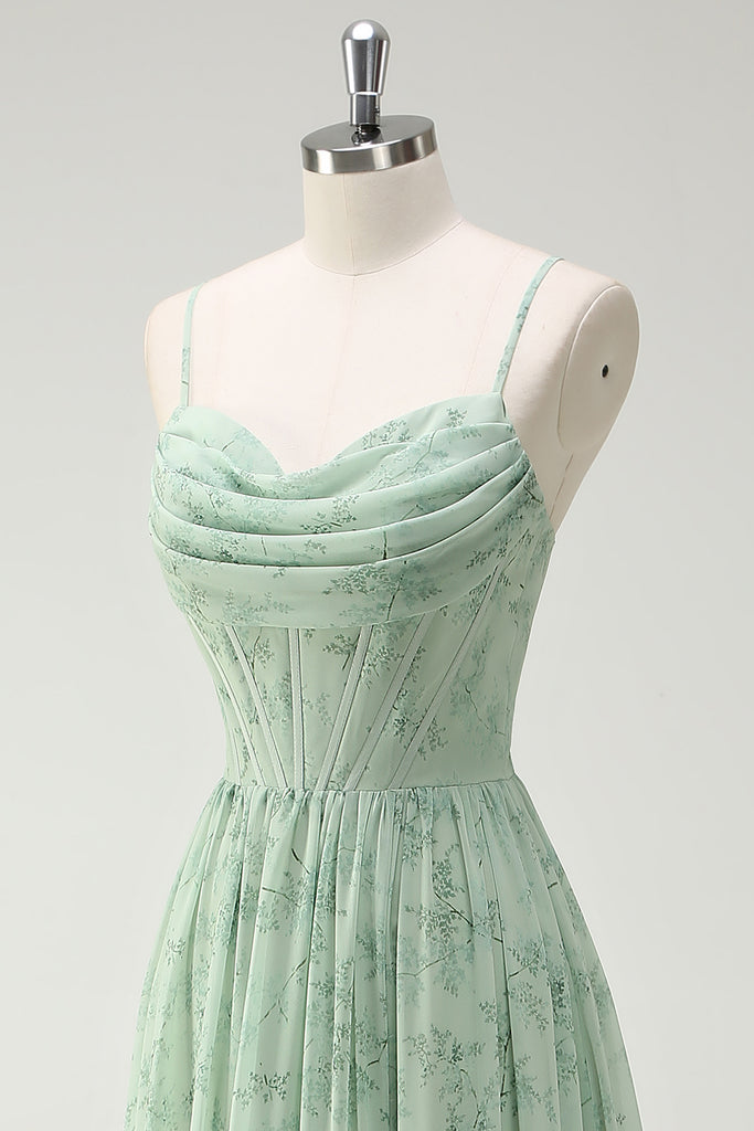 Spaghetti Strap Ruffled Skirt High-Slit Dress Sage main image 1