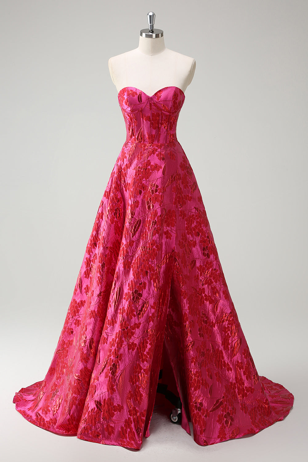 Fuchsia A Line Floral Long Prom Dress with Slit