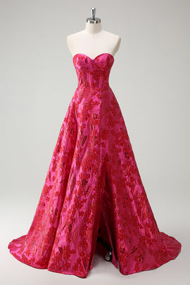 Fuchsia A Line Floral Long Prom Dress with Slit