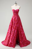 Fuchsia A Line Floral Long Prom Dress with Slit