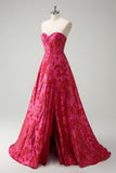 Fuchsia A Line Floral Long Prom Dress with Slit