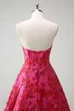 Fuchsia A Line Floral Long Prom Dress with Slit