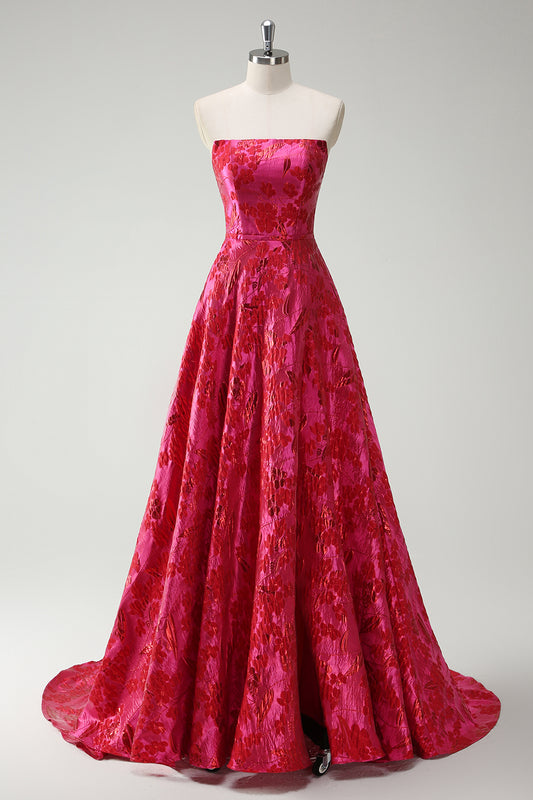 Strapless Fuchsia A Line Floral Long Prom Dress with Slit