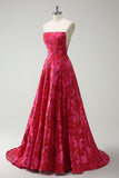 Strapless Fuchsia A Line Floral Long Prom Dress with Slit