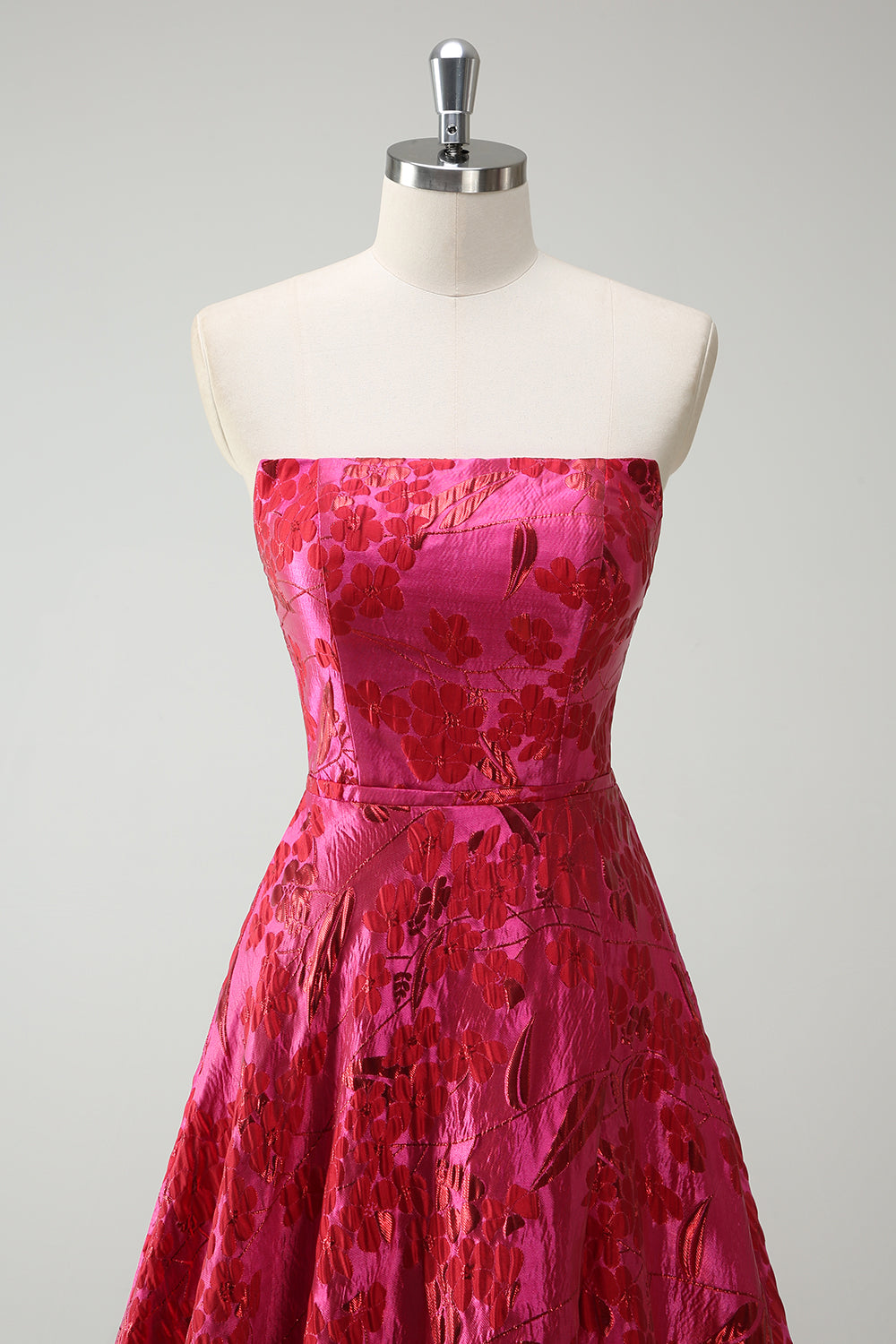 Strapless Fuchsia A Line Floral Long Prom Dress with Slit