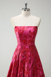 Strapless Fuchsia A Line Floral Long Prom Dress with Slit