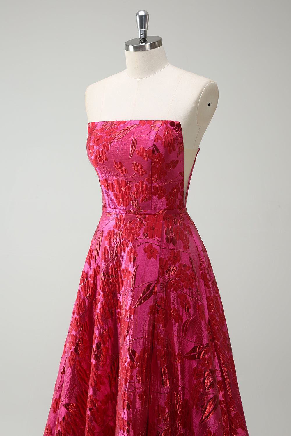Strapless Fuchsia A Line Floral Long Prom Dress with Slit
