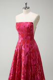 Strapless Fuchsia A Line Floral Long Prom Dress with Slit