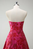 Strapless Fuchsia A Line Floral Long Prom Dress with Slit