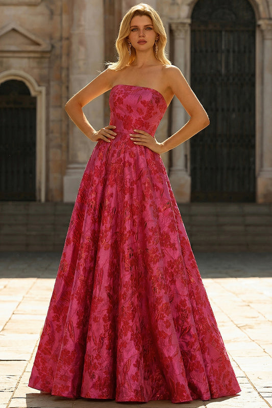 Strapless Floral Fuchsia A Line Strapless Long Prom Dress with Slit