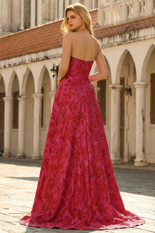 Strapless Floral Fuchsia A Line Strapless Long Prom Dress with Slit