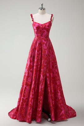 Spaghetti Straps Fuchsia A Line Floral Long Prom Dress with Slit