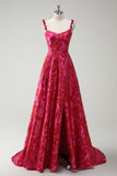 Spaghetti Straps Fuchsia A Line Floral Long Prom Dress with Slit