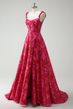 Spaghetti Straps Fuchsia A Line Floral Long Prom Dress with Slit