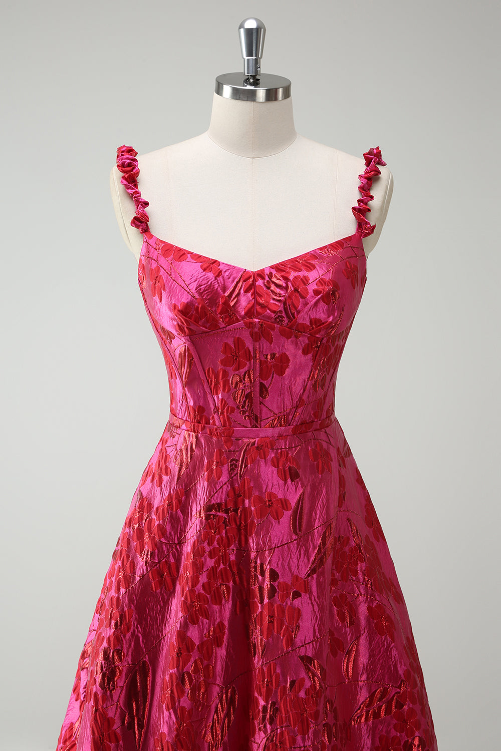 Spaghetti Straps Fuchsia A Line Floral Long Prom Dress with Slit