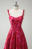 Spaghetti Straps Fuchsia A Line Floral Long Prom Dress with Slit
