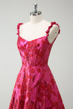 Spaghetti Straps Fuchsia A Line Floral Long Prom Dress with Slit