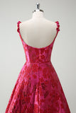 Spaghetti Straps Fuchsia A Line Floral Long Prom Dress with Slit