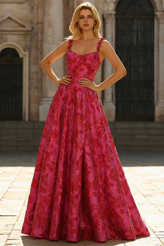 Floral Fuchsia Spaghetti Straps A Line Long Prom Dress with Slit