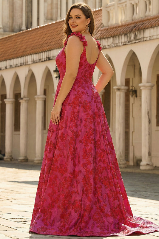 Plus Size Floral Fuchsia Spaghetti Straps A Line Long Prom Dress with Slit