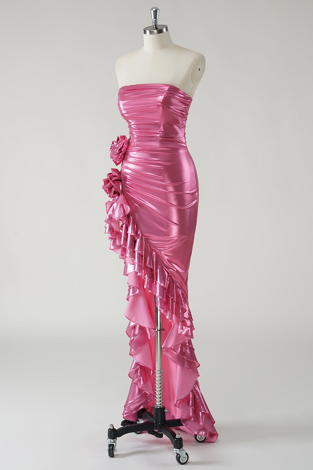 Sparkly Metallic Fuchsia Ruffled Long Prom Dress with Slit